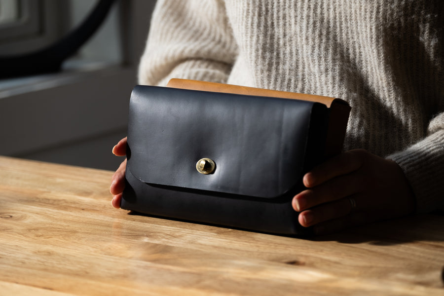 The Hand Stitched Clutch in Midnight